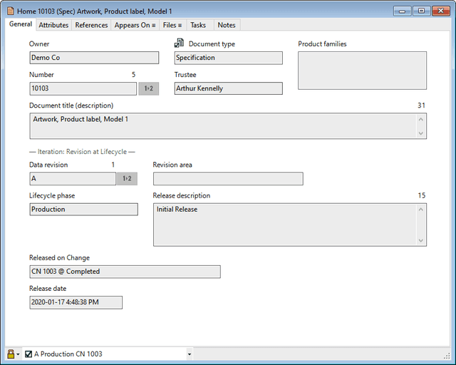 PDXpert product lifecycle management software easily manages document revisions with file attachments PDXpert PLM software document window