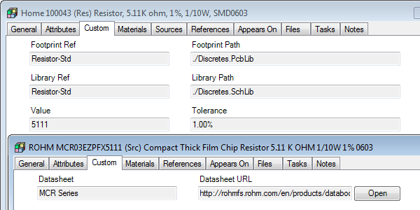 Resistor part type's custom attributes with purchased source for Altium Designer