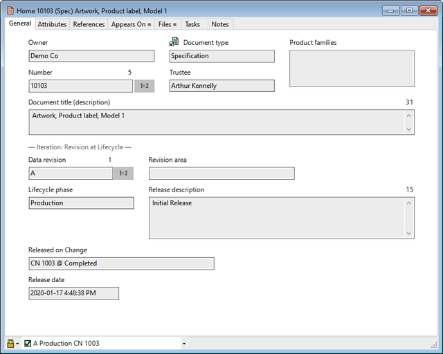 PDXpert product lifecycle management software easily manages document revisions with file attachments PDXpert PLM software document window