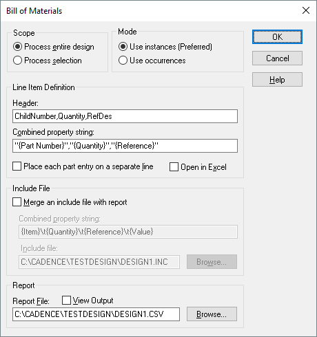 Setting the OrCAD Bill of Materials options