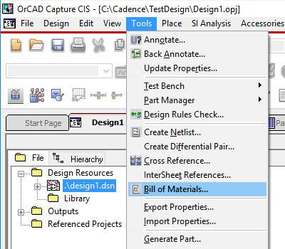 Opening the OrCAD Bill of Materials settings