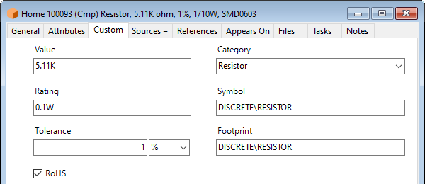 Example resistor custom attribute values