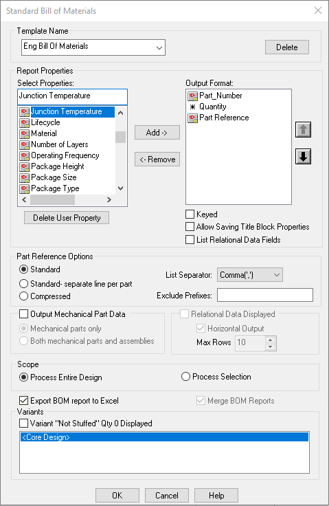 OrCAD Standard Bill of Materials options