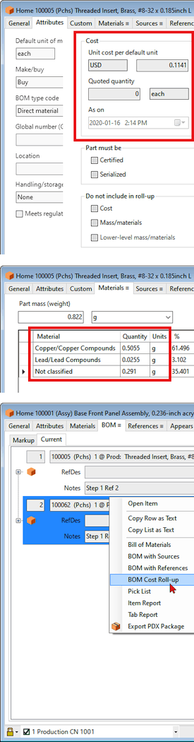 PLM software showing part unit costs, part mass & materials, running a multi-level BOM roll-up report