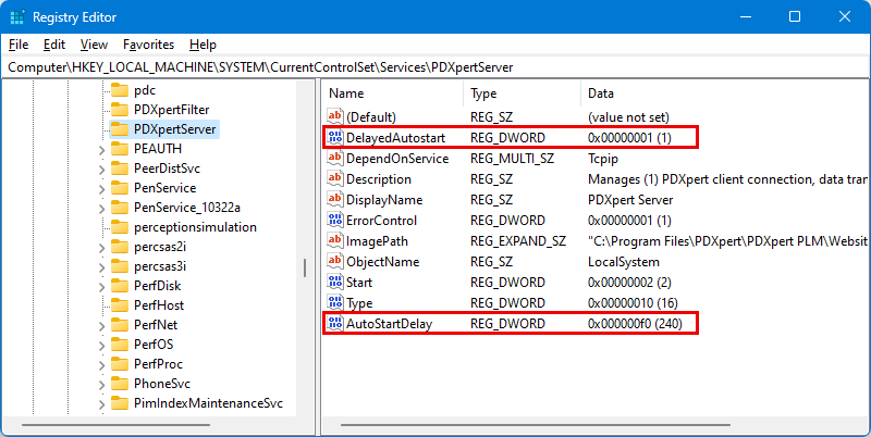 RegEdit PDXpertServer service