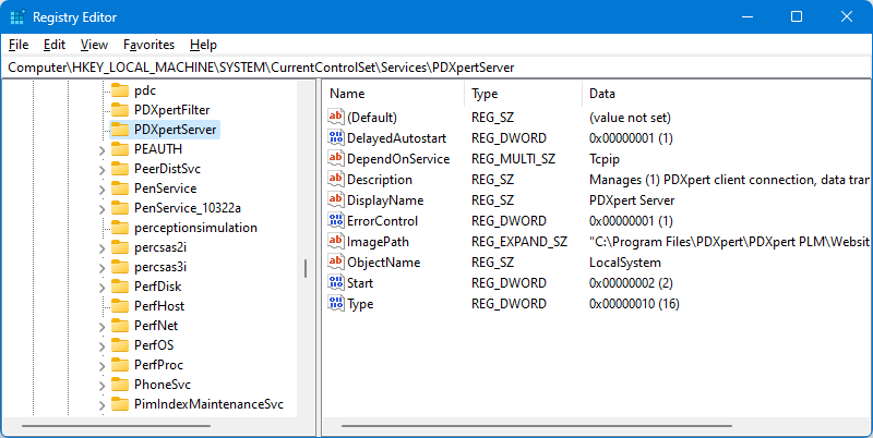 RegEdit PDXpertServer service