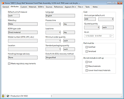 PDXpert 14.0 Part Attributes page