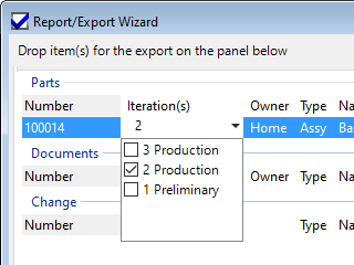 Report/Export Wizard revision selection