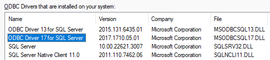 Example SQL Server ODBC driver list