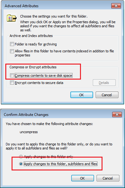 Uncompress the SQL folders and files Advanced attributes for uncompressing folders