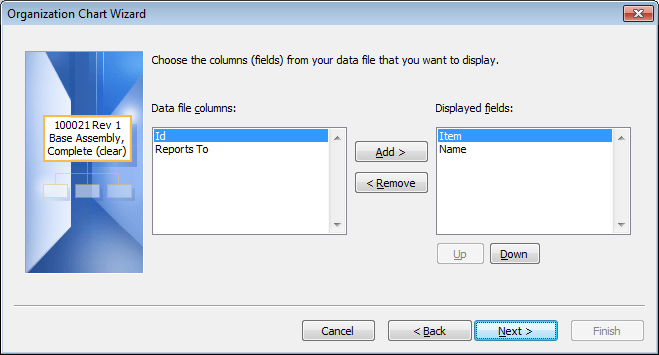 Defining the part number and name columns