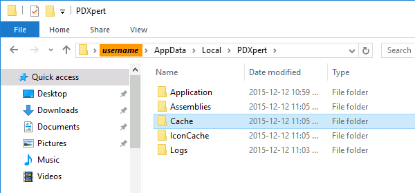 %LocalAppData%\PDXpert\Cache folder